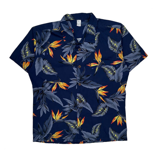 Palmwave Floral Hawaiian Shirt - Large Blue Cotton