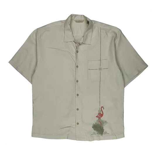 Flamingo Lanes Paradise Nation Tommy Bahama Graphic Hawaiian Shirt - Large Cream Silk