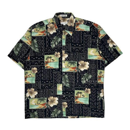 Pierre Cardin Floral Hawaiian Shirt - Large Black Cotton