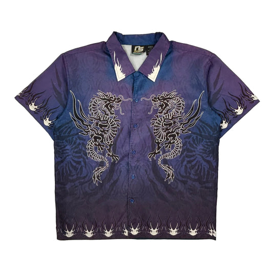 Y2K No Surrender Dragon Graphic Short Sleeve Shirt - Large Purple Polyester