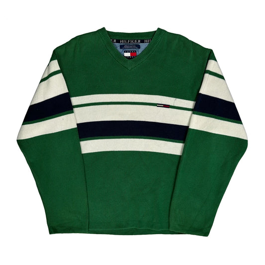 Tommy Hilfiger Striped Sweater - Large Green Cotton