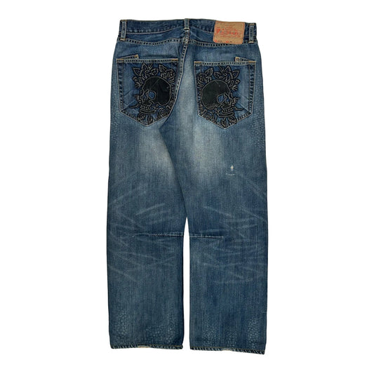 Embroidered Ed Hardy Graphic Jeans - 34W 29L Blue Cotton