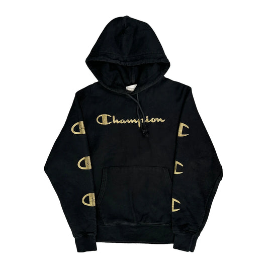 Reverse Weave Champion Spellout Hoodie - Medium Black Cotton Blend
