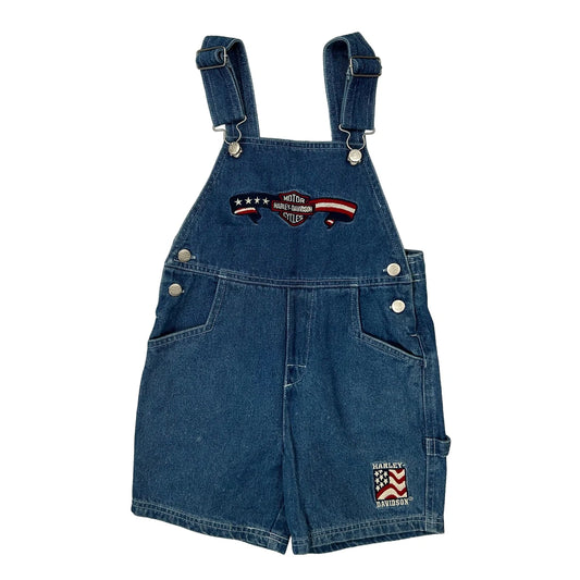 Vintage Age 4 Harley Davidson Graphic Short Dungarees - Small Blue Denim