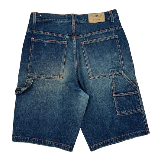 Y2K Rockman Baggy Denim Shorts - 33W 11L Blue Cotton