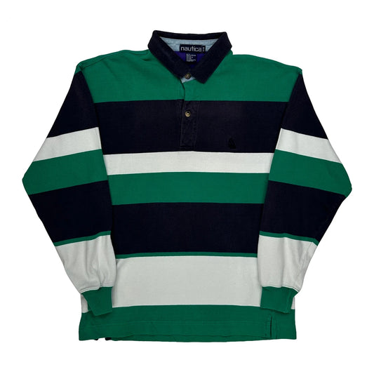 Nautica Striped Long Sleeve Polo Shirt - Medium Green Cotton