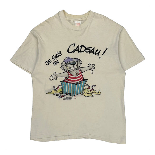 French Text Hanes Graphic T-Shirt - Large Cream Cotton