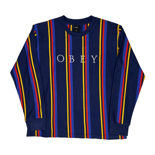 Obey Striped Long Sleeve T-Shirt - Medium Blue Cotton