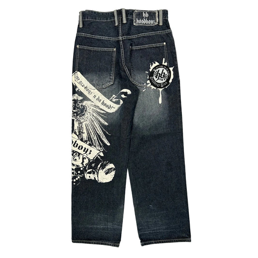 Hood Boys Baggy Graphic Jeans - 32W 32L Dark Wash Cotton
