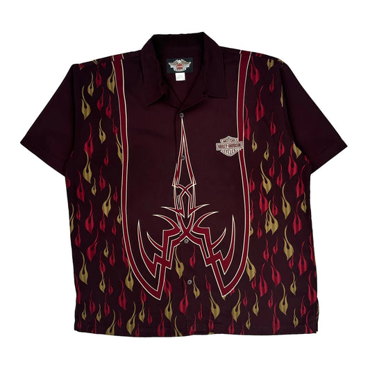 Harley Davidson Graphic Hawaiian Shirt - 2XL Burgundy Cotton