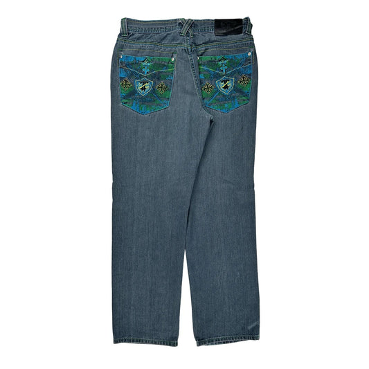 Embroidered Patches Jinzu Graphic Jeans - 33W 34L Blue Cotton