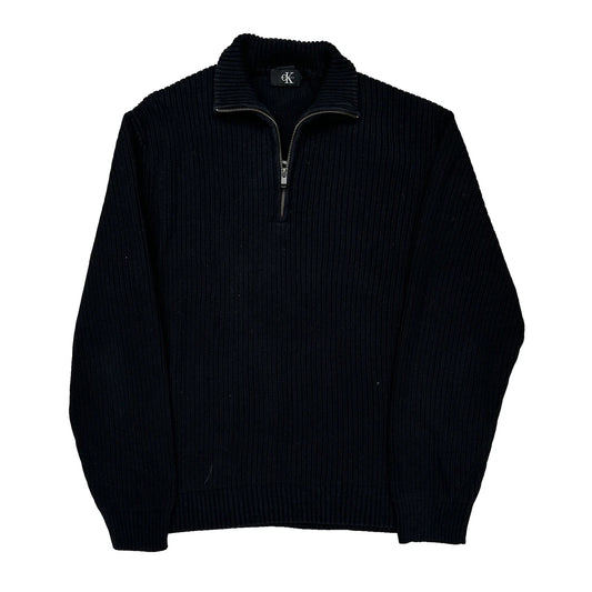 Y2K Calvin Klein Ribbed Knit 1/4 Zip - XL Black Cotton