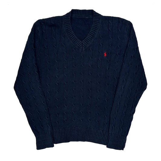 Polo By Ralph Lauren Chunky Cable Knit Jumper - Large Navy Cotton