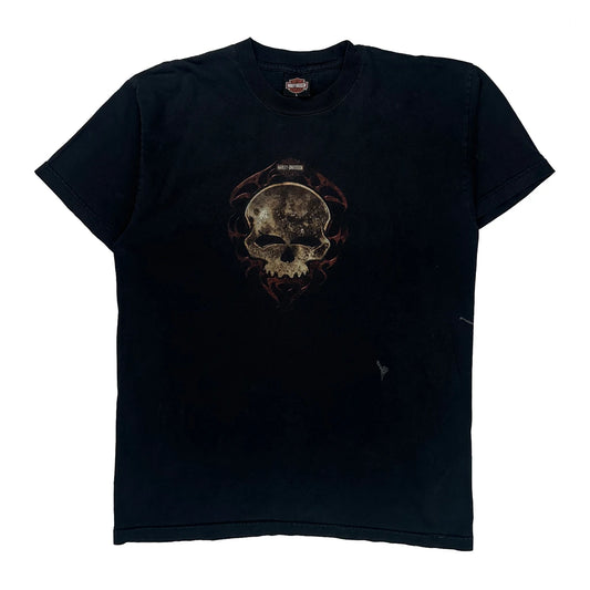 Vintage Skull Design Harley Davidson Graphic T-Shirt - Large Black Cotton