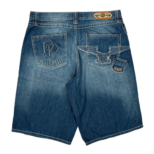 Premium Denim Pelle Graphic Denim Shorts - 38W 11L Blue Denim