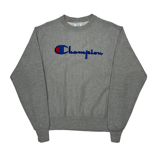 Reverse Weave Champion Spellout Sweatshirt - Medium Grey Cotton