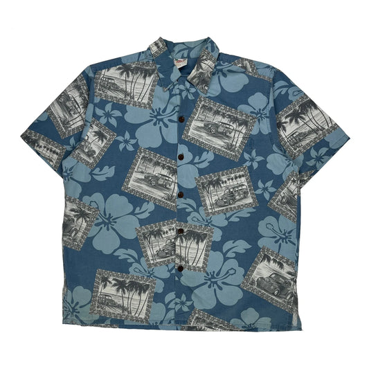 Go Barefoot Hawaiian Shirt - Large Blue Cotton
