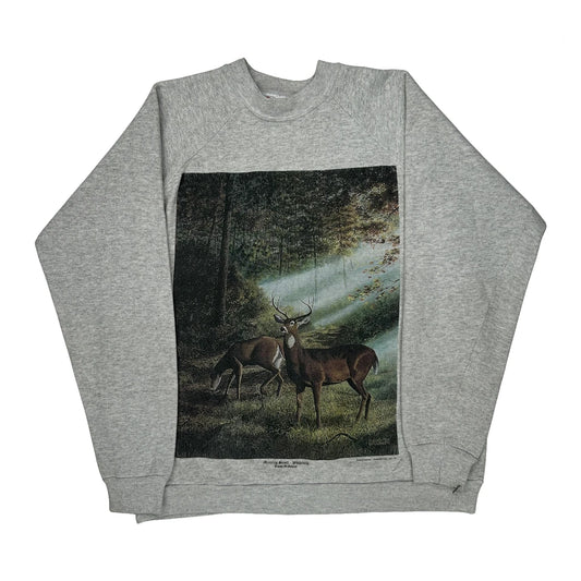Deer In Forest Print Hanes Graphic Sweatshirt - Large Grey Cotton Blend