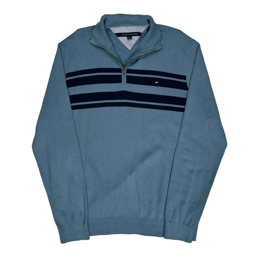 Tommy Hilfiger Striped 1/4 Zip - XL Blue Knitted