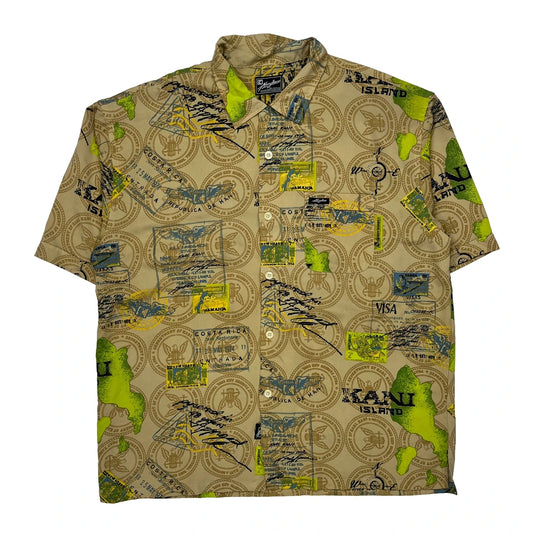 Travel Stamps Print Karl Kani Graphic Hawaiian Shirt - XL Beige Cotton