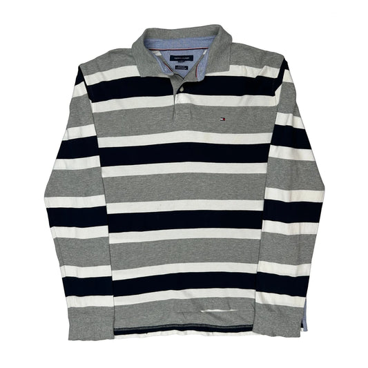 Tommy Hilfiger Striped Long Sleeve Polo Shirt - Large Navy Cotton