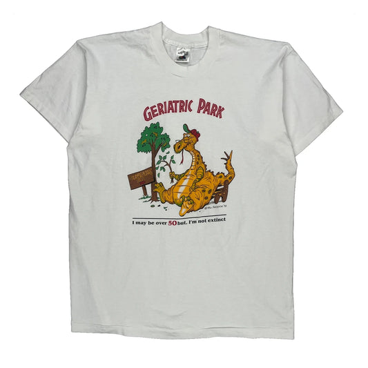Humorous Dinosaur Print Fruit Of The Loom Graphic T-Shirt - XL White Cotton