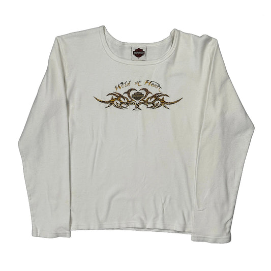 Wild At Heart Harley Davidson Graphic Long Sleeve T-Shirt - Large White Cotton