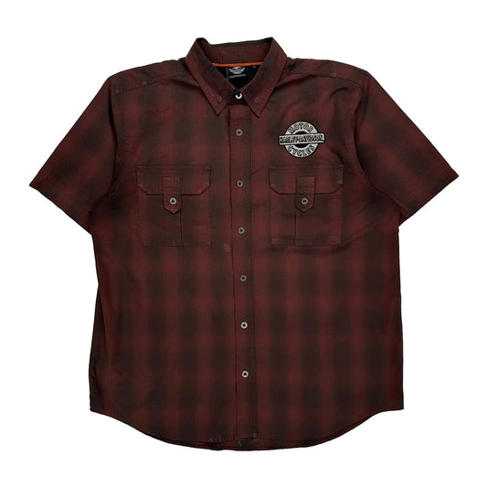 Motorcycles Harley Davidson Checked Short Sleeve Shirt - XL Burgundy Cotton Blend