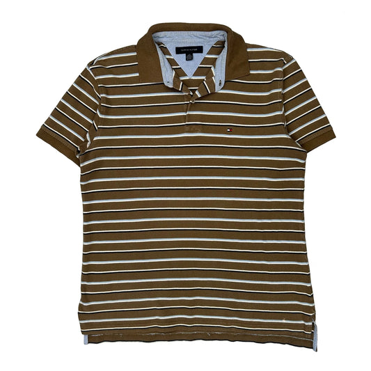 Tommy Hilfiger Striped Polo Shirt - Large Brown Cotton