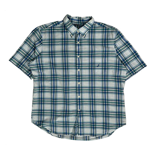 Nautica Checked Short Sleeve Shirt - XL Blue Cotton
