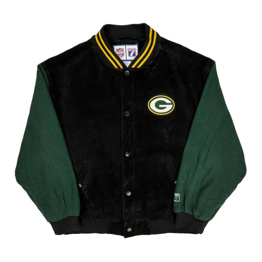 Vintage Packers Logo 7 Football Varsity Jacket - Large Black Leather