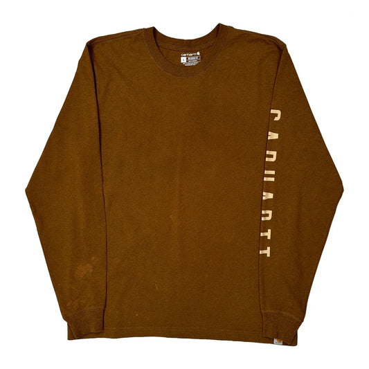 Relaxed Fit Carhartt Spellout Long Sleeve T-Shirt - Large Brown Cotton