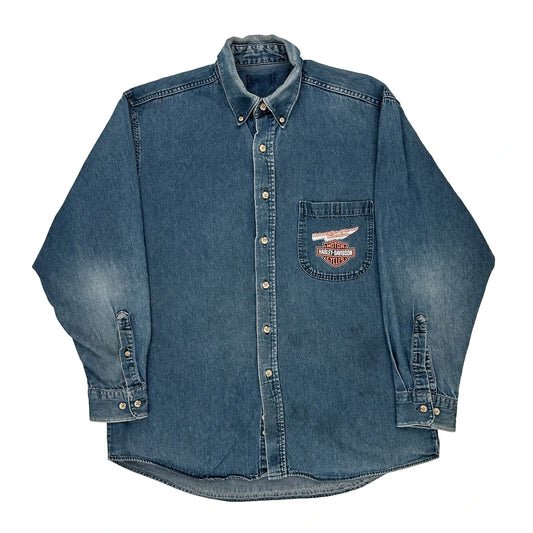 Harley Davidson Graphic Denim Shirt - Large Blue Denim