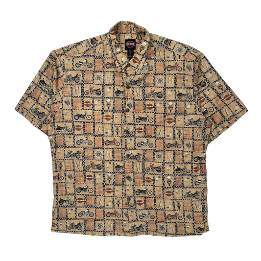 Vintage Motorcycles Harley Davidson Graphic Hawaiian Shirt - XL Beige Cotton