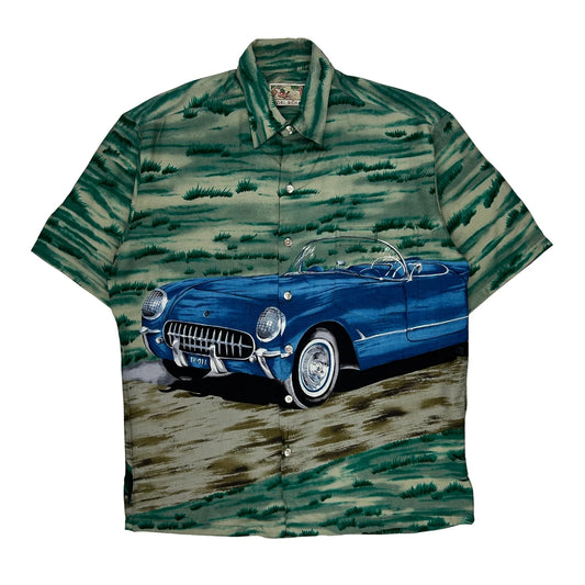 Classic Car Print Tori Richard Graphic Hawaiian Shirt - Medium Green Cotton