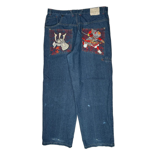Samurai Embroidery Raw Baggy Jeans - 38W 32L Blue Cotton Blend