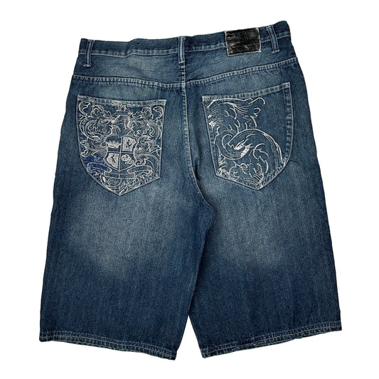 Old Skool Baggy Graphic Y2K Denim Shorts - 36W 13L Blue Cotton Blend