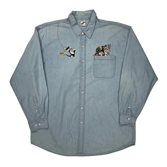 Looney Tunes Characters Warner Bros Cartoon Denim Shirt - XL Light Wash Cotton