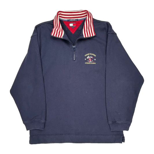 Authentic Classic Tommy Hilfiger Striped 1/4 Zip - Large Navy Cotton