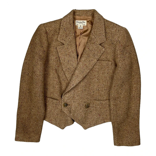 Vintage Made In USA Christian Dior Petite Cropped Tweed Blazer - Small Brown Wool Blend
