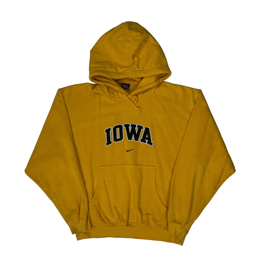 Vintage Iowa Nike College Hoodie - Large Yellow Cotton Blend
