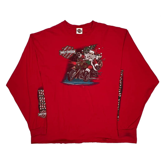Santa On Motorcycle Harley Davidson Christmas Long Sleeve T-Shirt - 3XL Red Cotton