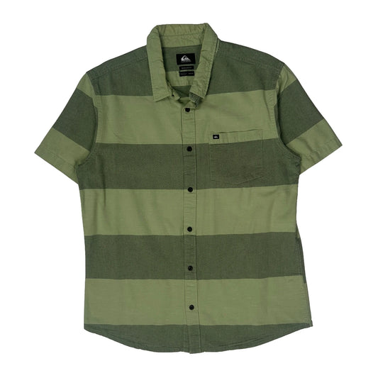 Quiksilver Striped Short Sleeve Shirt - Medium Green Cotton