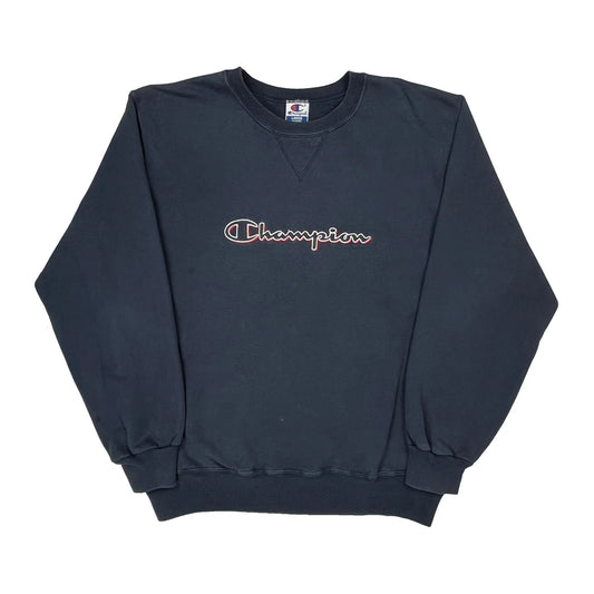 Champion Spellout Sweatshirt - Large Navy Cotton