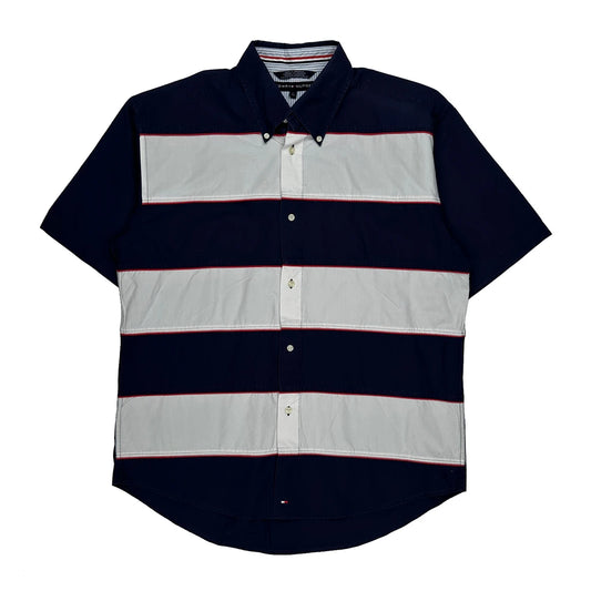 Tommy Hilfiger Striped Short Sleeve Shirt - Large Navy Cotton