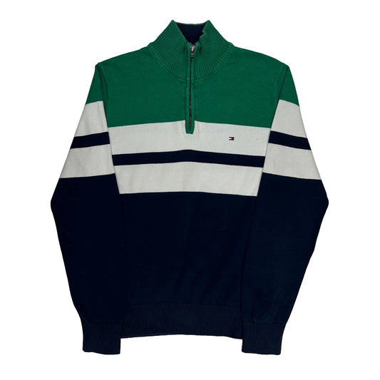 Vintage Tommy Hilfiger Striped 1/4 Zip - Medium Green Cotton