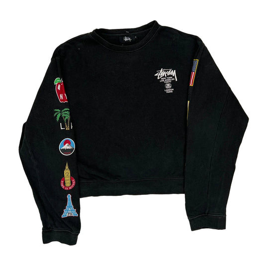 Cropped Stussy Graphic Sweatshirt - Medium Black Cotton