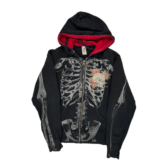 Skeleton Print Ed Hardy Graphic Hoodie - Small Red Cotton