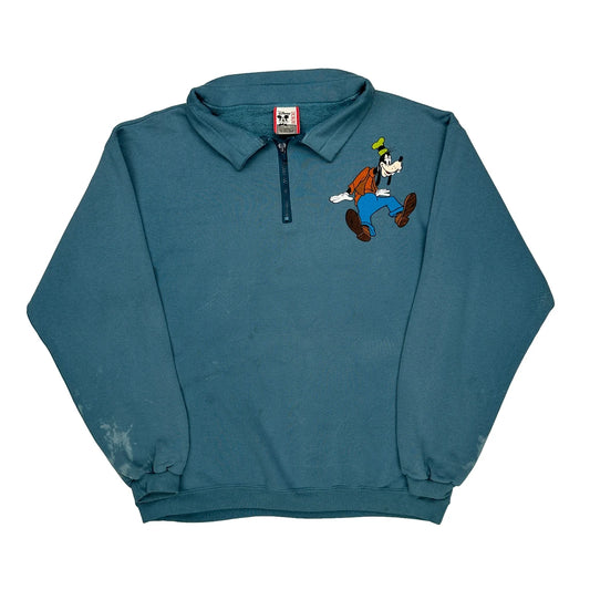 Made In USA. Goofy Disney Cartoon 1/4 Zip - XL Blue Cotton Blend