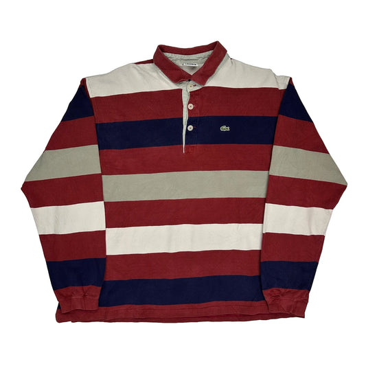Lacoste Striped Long Sleeve Polo Shirt - 2XL Red Cotton